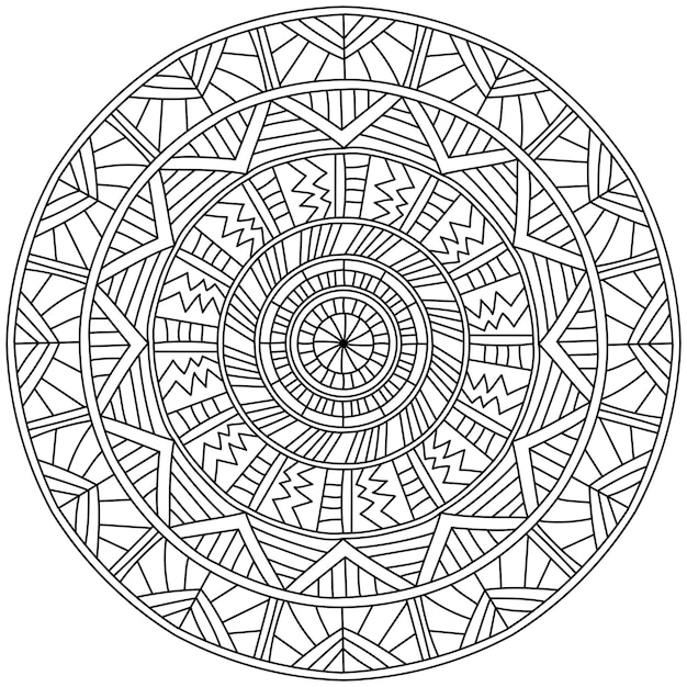 Symmetrical mandala with linear patterns coloring page with striped motifs