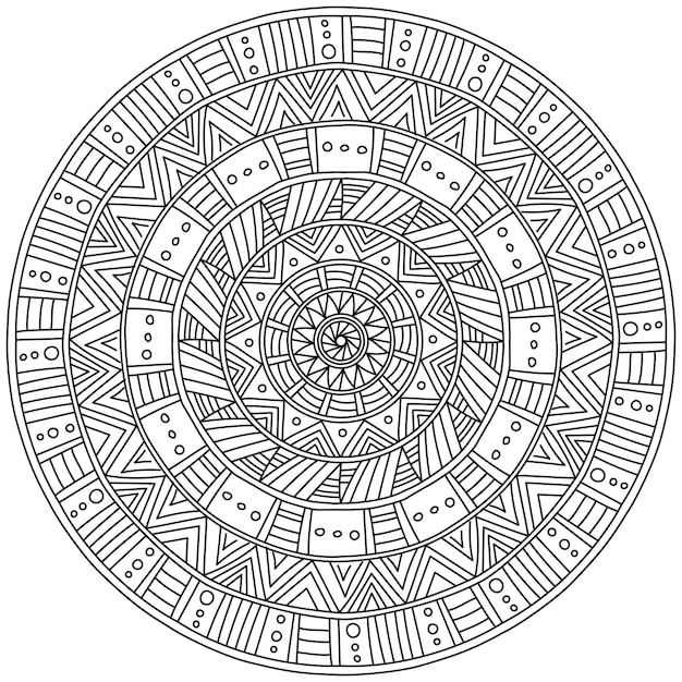 Symmetrical mandala with linear patterns meditative coloring page in the shape of a circle