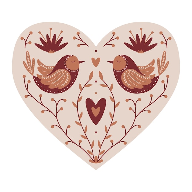 Symmetrical Mystical Heart with birds twigs hearts Decorative element for Valentine's day cards packaging design Color vector illustration isolated on a white background