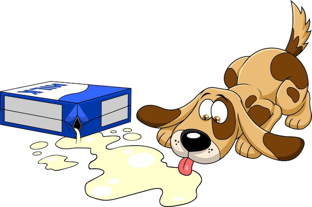 Vector sympathieke hond stripfiguur consumptiemelk uit gebroken doos vector hand getekende illustratie