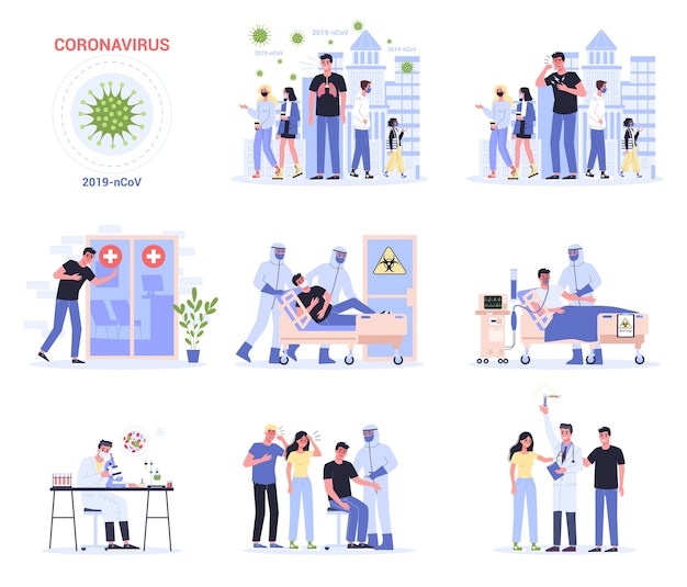  symptoms and spreading and treatmen. Coronovirus alert. Research and development on a preventive vaccine. Set of   