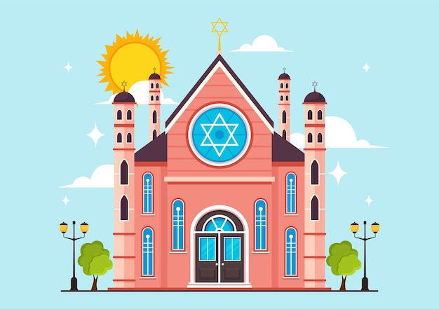 Synagoge gebouw of joodse tempel illustratie met religieuze of jodendom en joodse plaats van aanbidding