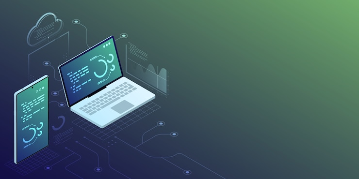 Vector synchronisatie op cloud en apparaat isometrische illustratie met kopie ruimte blauwe achtergrond, digitale data-analyse oplossing technologie concept.