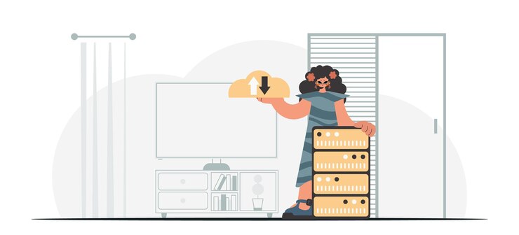 Vector synchronization and security of data capacity concept the energized woman is holding a data cloud and a server trendy style vector illustration