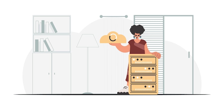 Vector synchronization and security of information capacity concept the energized lady is holding a information cloud and a server trendy style vector illustration