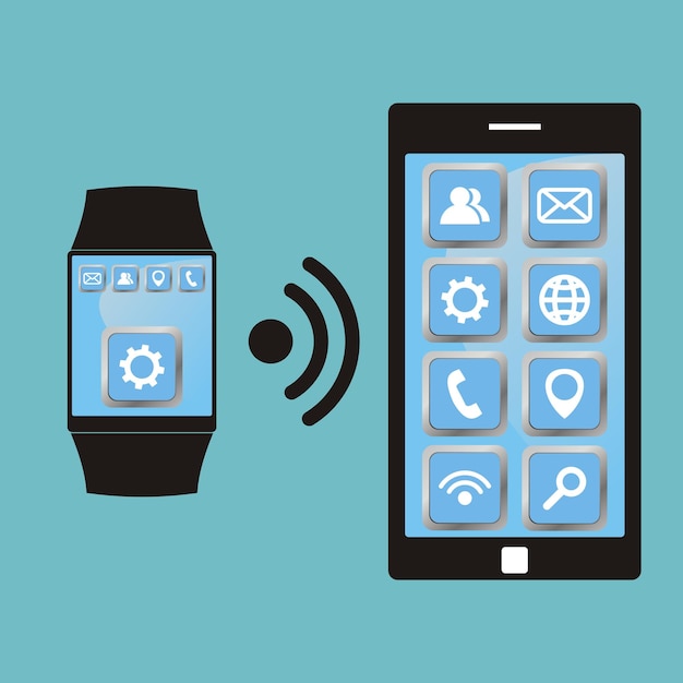 Synchronization between smart watch and smart phone Smartwatch and smartphone communication Vector illustration