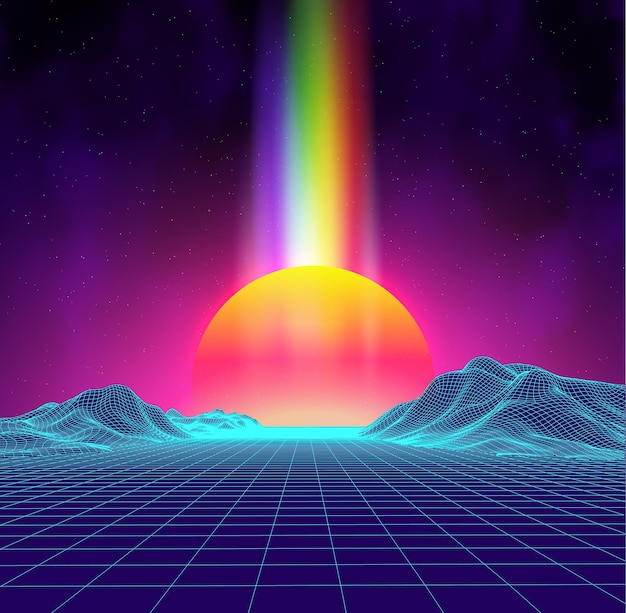 Synth wave retro stad landschap achtergrond zonsondergang 3d landschap met regenboog licht