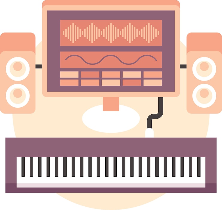 Vector synthesizer connected to a computer and speakers isolated on transparent background