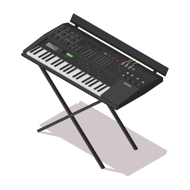 Vector synthesizer electronic music piano keyboard isolated on white background musician concert equipment digital instrument icon producer record sound studio black realistic synth vector illustration