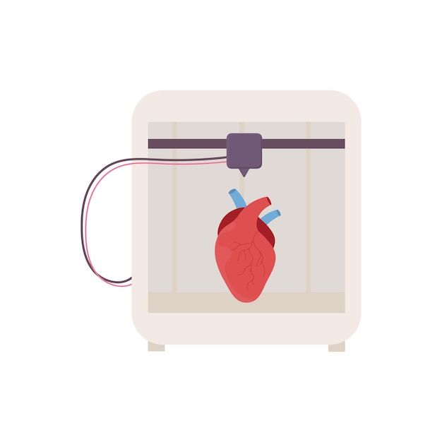 A synthetic organ Heart 3D printer bioprinting prosthetics Medical printing Vector illustration