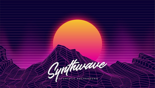 Vettore illustrazione di paesaggio 80s del fondo dello sfondo di synthwave 3d