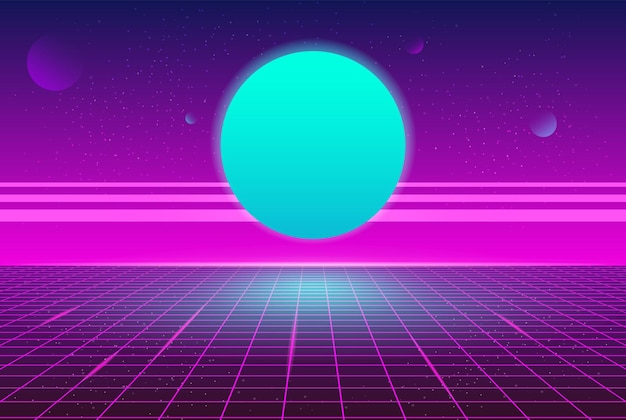 Vector synthwave retro blue planet neon grid background 80s futuristic party style background
