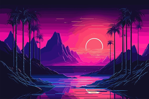 Vettore synthwave retro in stile cyberpunk sfondo di illustrazione paesaggistica retro futuristico synthwave retro