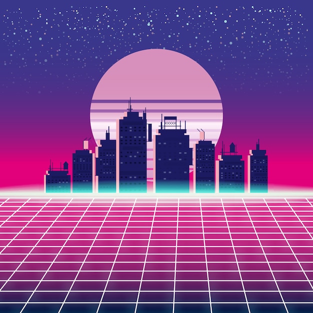 Synthwave paesaggio futuristico retrò con città, sole, stelle e griglia laser in stile. neon retrowave design e elements sci-fi anni '80 e '90 spazio