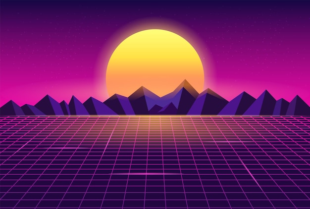 Synthwave Retrowave IlluminatedSunMountainsワイヤーフレーム風景イラスト背景