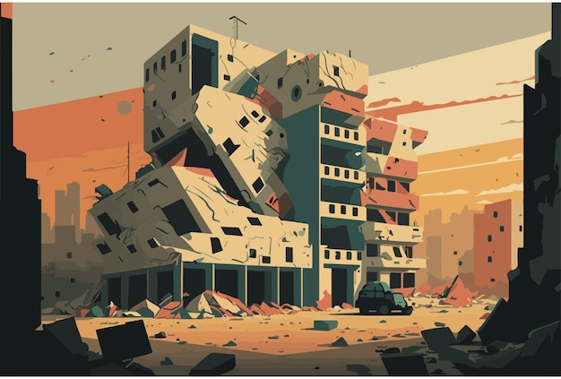 Vector syria earthquake, turkey earthquake. destroyed city illustration