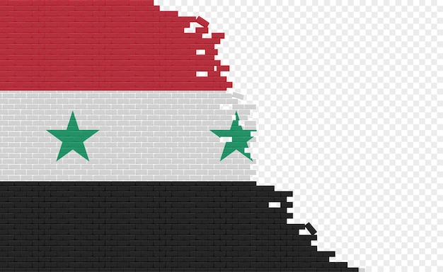 Syria flag on broken brick wall. Empty flag field of another country. Country comparison.