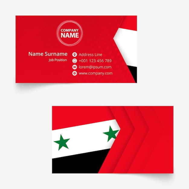 シリアの旗の名刺、クリッピングマスクの下にブリード付きの標準サイズ（90x50mm）の名刺テンプレート。