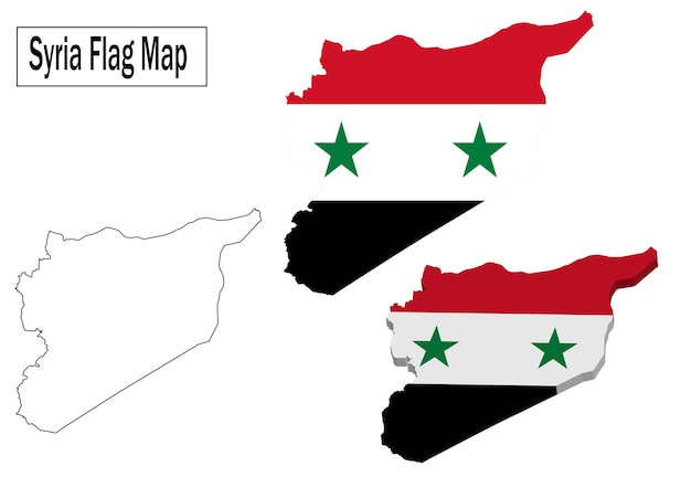 Vector syria flag mapsyria line art map with 3d flag map