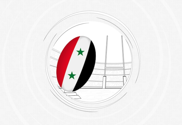 Syria flag on rugby ball lined circle rugby icon with ball in a crowded stadium