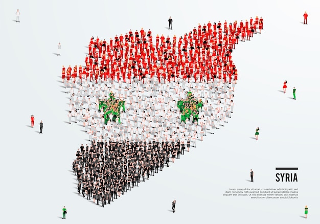 Карта Сирии и флаг. Большая группа людей в форме цвета сирийского флага для создания карты. Вектор