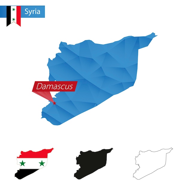 Syrië blauwe low poly kaart met hoofdstad damascus