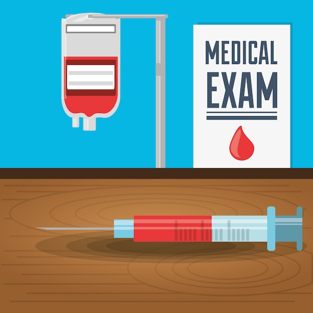 Syringe and blood donation with medical exam