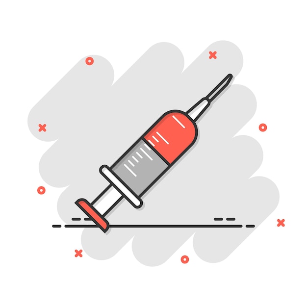 コミックスタイルの注射器アイコンコロナウイルスワクチンは、孤立した背景に漫画のベクトル図を注入します