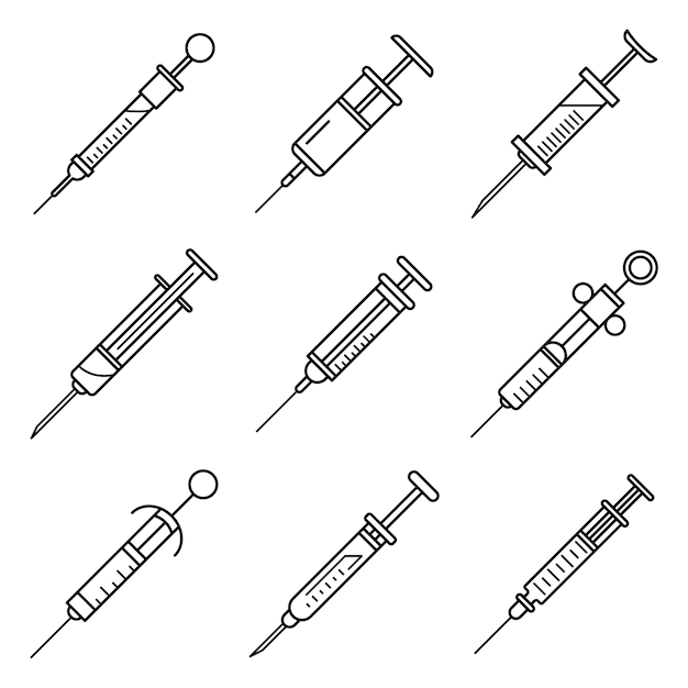 Syringe icon set. Outline set of syringe vector icons
