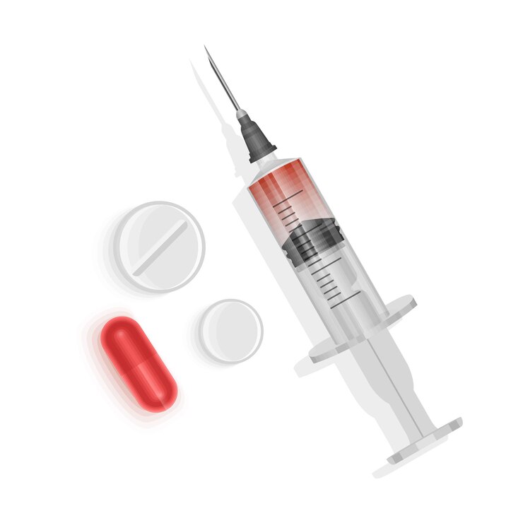 A syringe and several tablets isolated on white background medicine tools vector format
