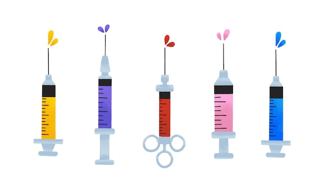 주사기 벡터 일러스트 레이 션 설정 다른 색 약병 백신 및 약물의 컬렉션