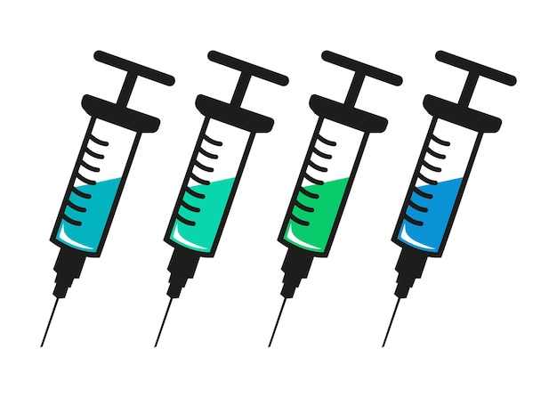 Syringe with blue liquid hand drawn injection on white background