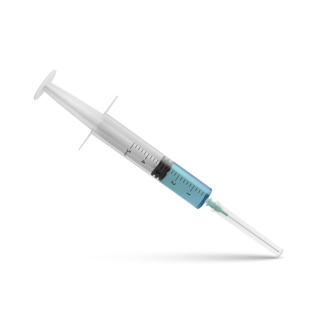Syringe with drug Realistic syringe with vaccine injection Laboratory research Vector