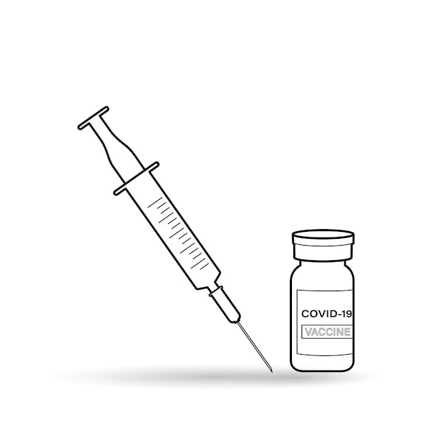 白い背景の上の針とCovid-19ワクチンのアウトラインアイコンと注射器