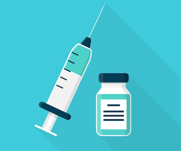 Syringe with vaccine for covid 19 flat