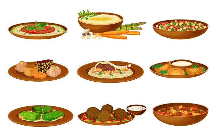 Vector syrische gerechten en desserts met hummus en dolma vector set