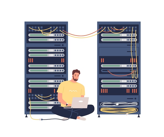 Sysadmin adjusting network connection, repairing equipment, maintaining system work in server room. Man working with hardware. Colored flat graphic vector illustration isolated on white background.