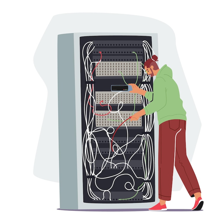 Vector sysadmin servicing server racks system administrators character upkeeping administration configuration of computer
