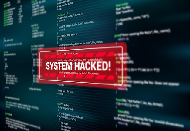 Systeem gehackt, waarschuwingsbericht op scherm van hackaanval, vector. spyware- of malwarevirus gedetecteerd waarschuwingsrood berichtvenster op computerscherm, internetcyberbeveiliging en gegevensfraude