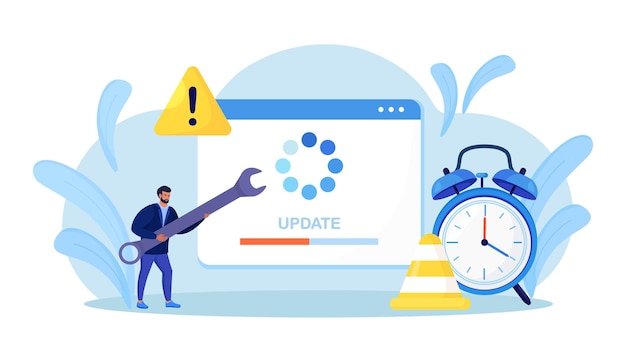Systeem update. kleine programmeurs die het besturingssysteem upgraden. it-specialisten die software, programma's en applicaties updaten. technische fout, service. webpagina met update-voortgangsbalk en wekker