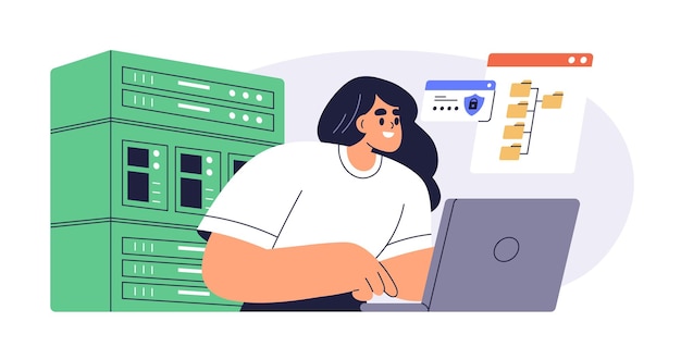 Systeemadministrator en servergegevens Computeropslagnetwerkadministratie databankonderhoud en -beheerconcept Vrouwelijke sysadmin Vlakke vectorillustratie geïsoleerd op witte achtergrond