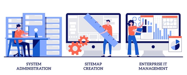 Systeembeheer, het maken van sitemaps, it-beheerconcept voor ondernemingen met kleine mensen. bedrijfsorganisatie abstracte illustratie set. serveronderhoud, ontwikkeling van webdesign metafoor.