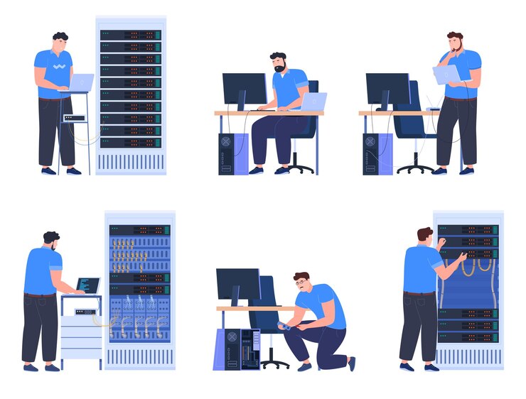 Vector systeembeheerders die computers en servers onderhouden onderhoud van de nieuwste apparaten vectorillustratie op een witte achtergrond