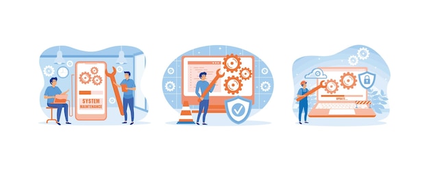 Systeemonderhoudsconcept Update programma en applicatietechnologie Update programma applicatie ingenieur fout het oplossen van een probleem apparaat updaten Stel platte vector moderne illustratie