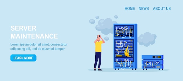 System administrator fixing pc server network connection Worried sysadmin looking at burning computer datacenter System critical failure High temperature overheat error Problem solving skills