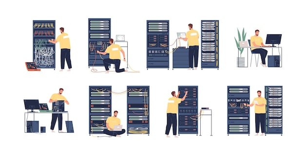 Set di illustrazioni vettoriali piatte per amministratore di sistema. riparazione computer, manutenzione server, regolazione rete. personaggio dei cartoni animati di amministratore di sistema isolato su sfondo bianco. servizio di manutenzione del data center.