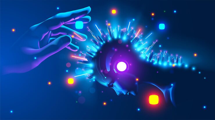 Vector system administrator in image of god sets up neural network development neural network digital ai in image robot with artificial intelligence developer create cybernetic brain 3d rendering