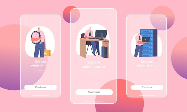 시스템 관리자 모바일 앱 페이지 온보드 화면 템플릿 Sysadmin 캐릭터는 컴퓨터에서 기술 작업을 수행합니다.