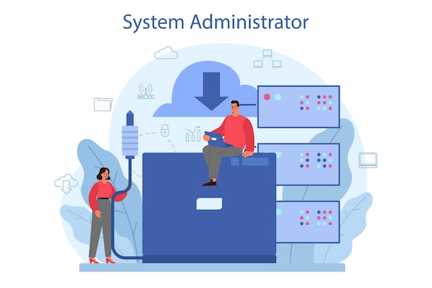 システム管理者。コンピューターで作業し、サーバーで技術的な作業をしている人。コンピュータシステムとネットワークの構成。