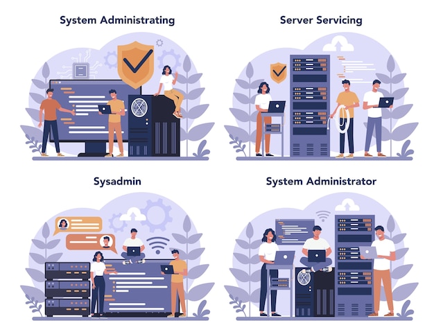 Установлен системным администратором. люди, работающие на компьютере и выполняющие техническую работу с сервером. конфигурация компьютерных систем и сетей. изолированные плоские векторные иллюстрации